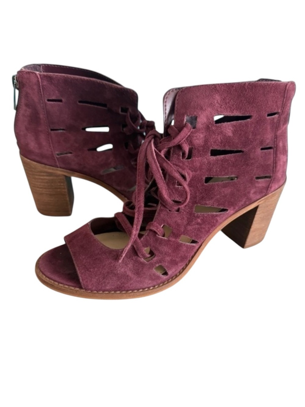 Vince Camuto Burgundy Suede Lace-Up Heeled Sandals Peep Toe Booties Size 7